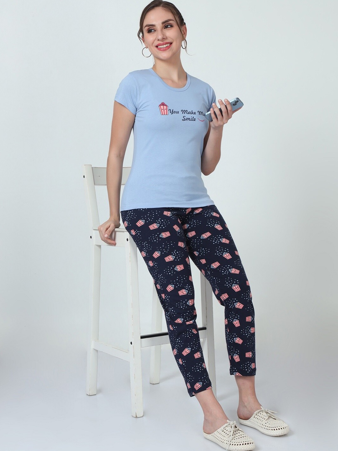 

ecott Typography Printed Pure Cotton Night suits, Blue