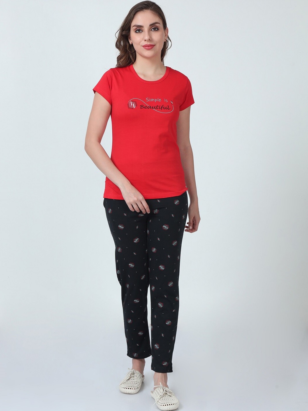 

ecott Printed Pure Cotton T-shirt & Pyjamas, Red