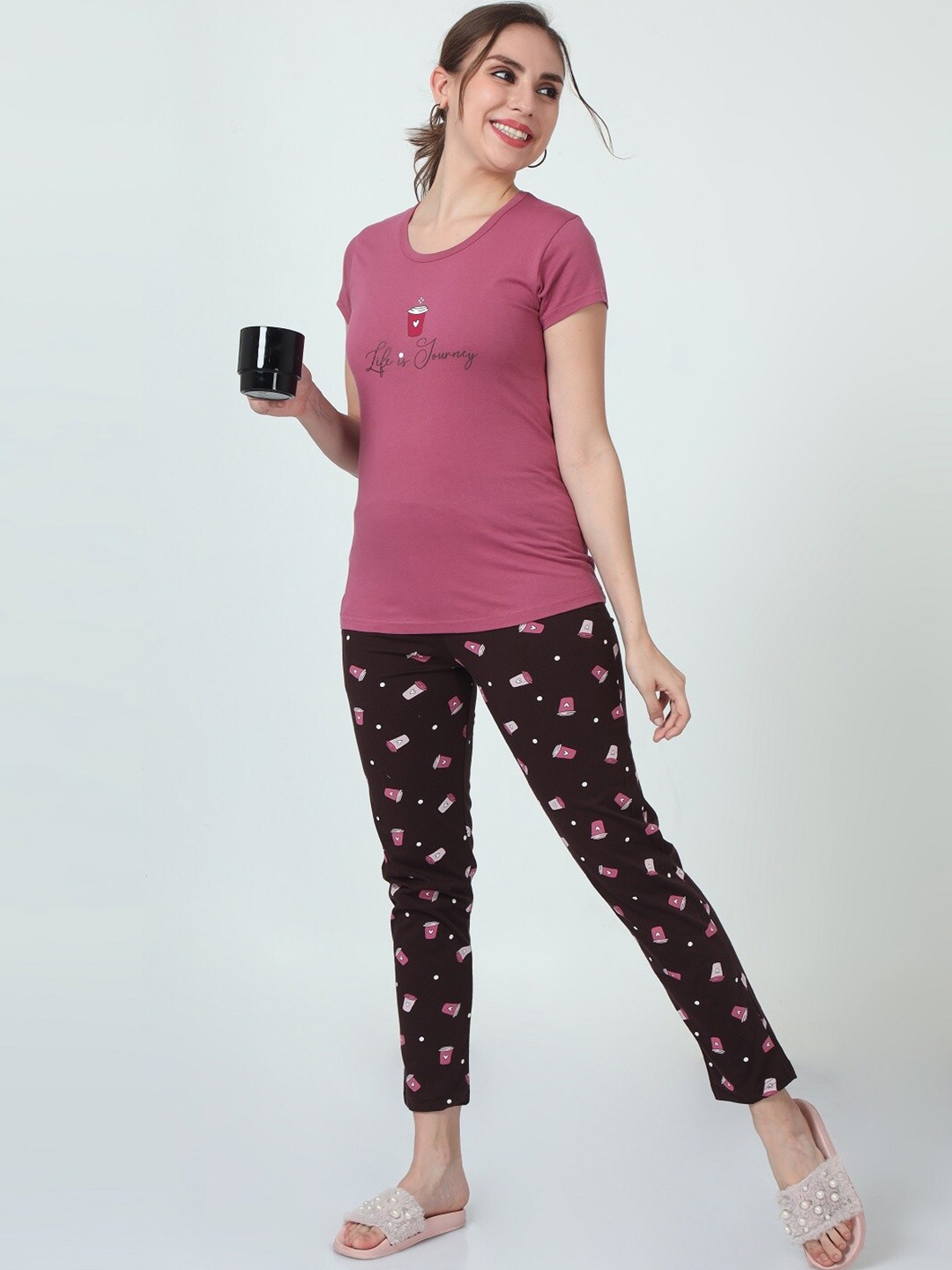 

ecott Printed Pure Cotton T-shirt & Pyjamas, Maroon