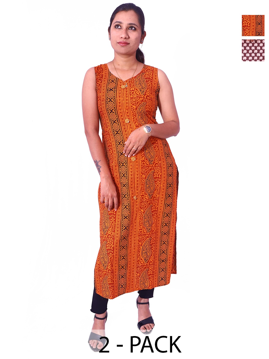 

WEAVERS SAGA Pack Of 2 Printed Pure Cotton Kurta, Orange