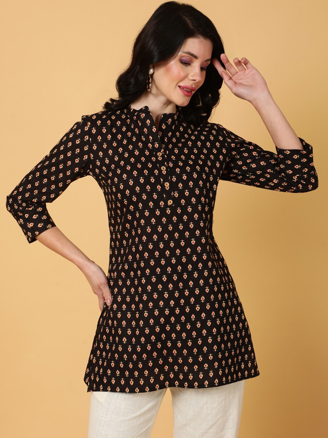 

GULMOHAR JAIPUR Ethnic Motifs Printed Mandarin Collar Cotton Straight Kurti, Black