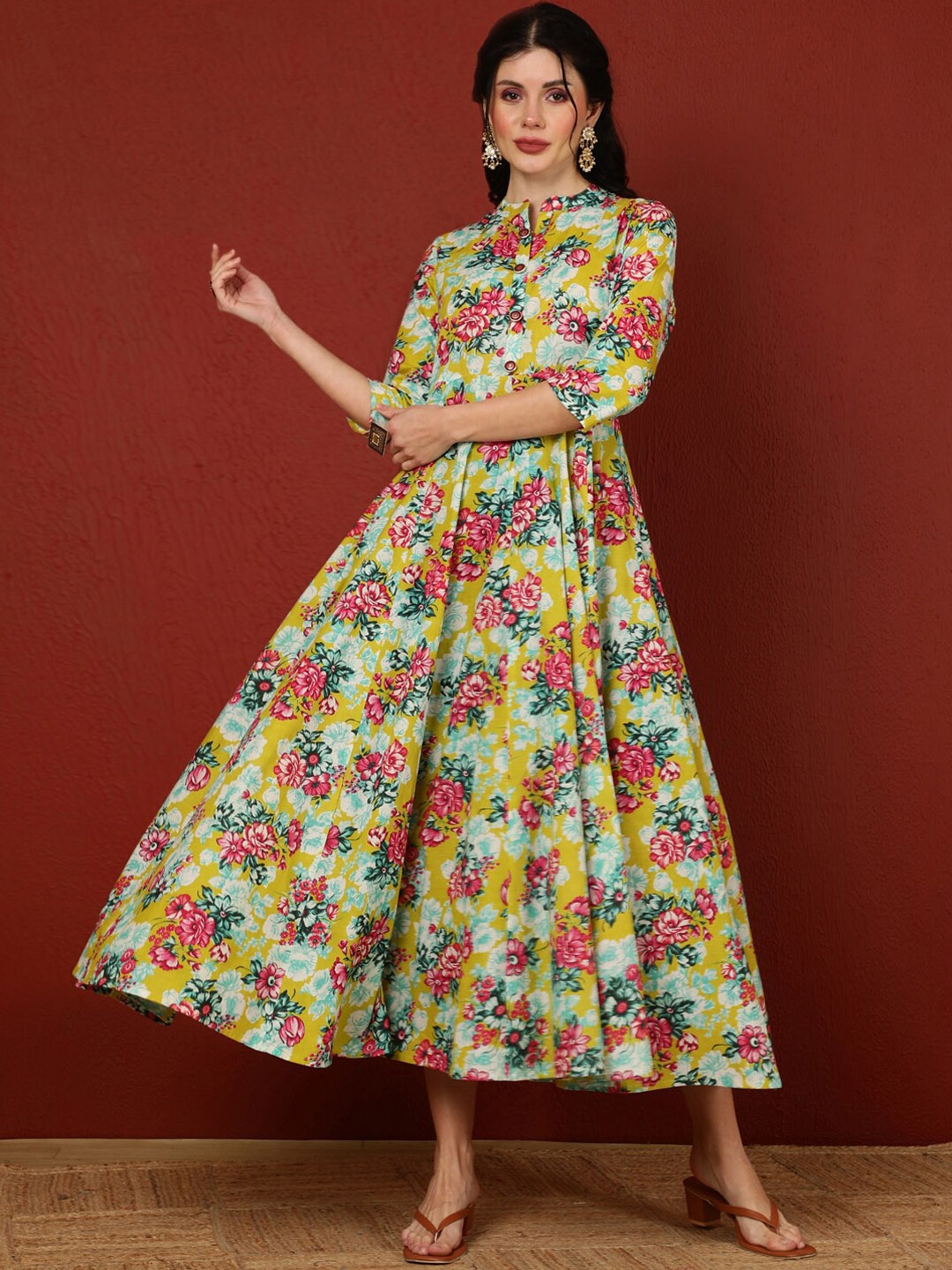 

GULMOHAR JAIPUR Floral Print Cotton Fit & Flare Midi Dress, Yellow