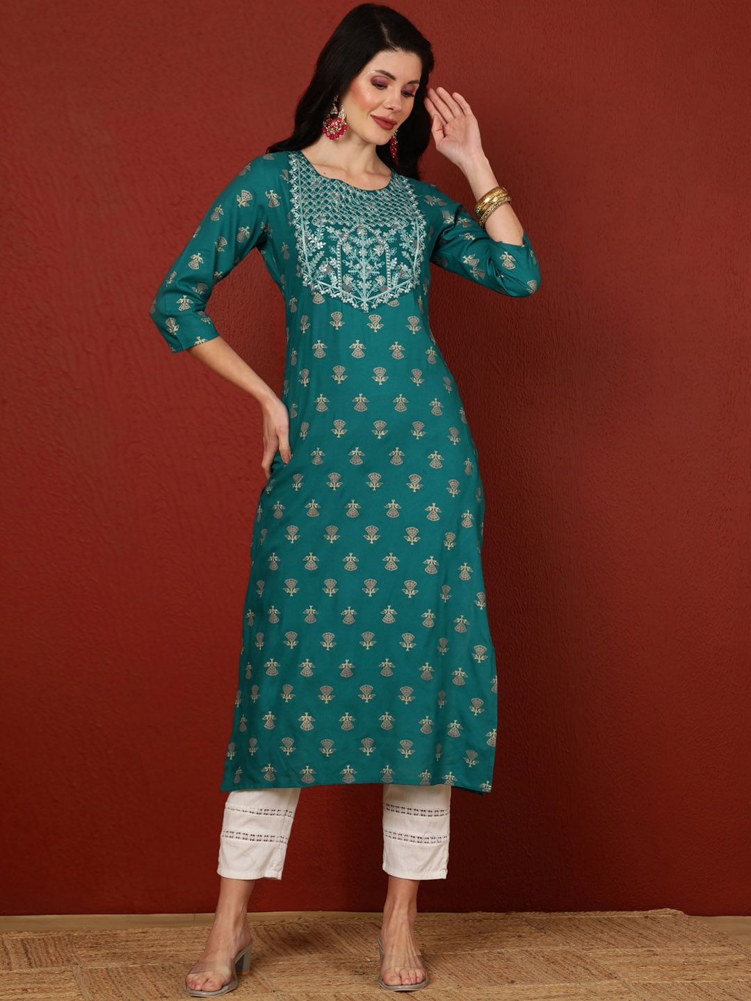 

GULMOHAR JAIPUR Women Ethnic Motifs Printed Flared Sleeves Kurta, Teal