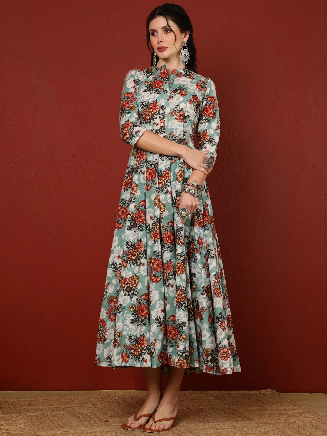 GULMOHAR JAIPUR Women Floral Printed Flared Sleeves Thread Work Kurta, Blue
