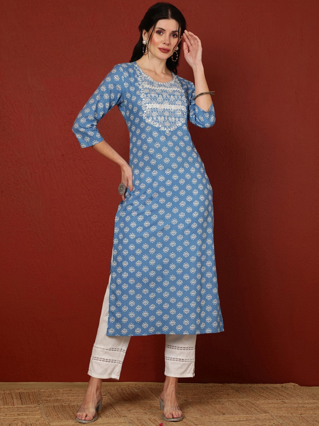 

GULMOHAR JAIPUR Women Ethnic Motifs Flared Sleeves Gotta Patti Kurta, Blue