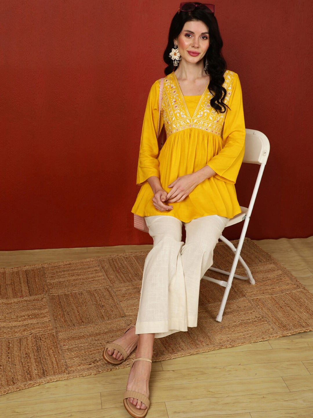 

GULMOHAR JAIPUR Self Design V-Neck Crop A-Line Top, Mustard