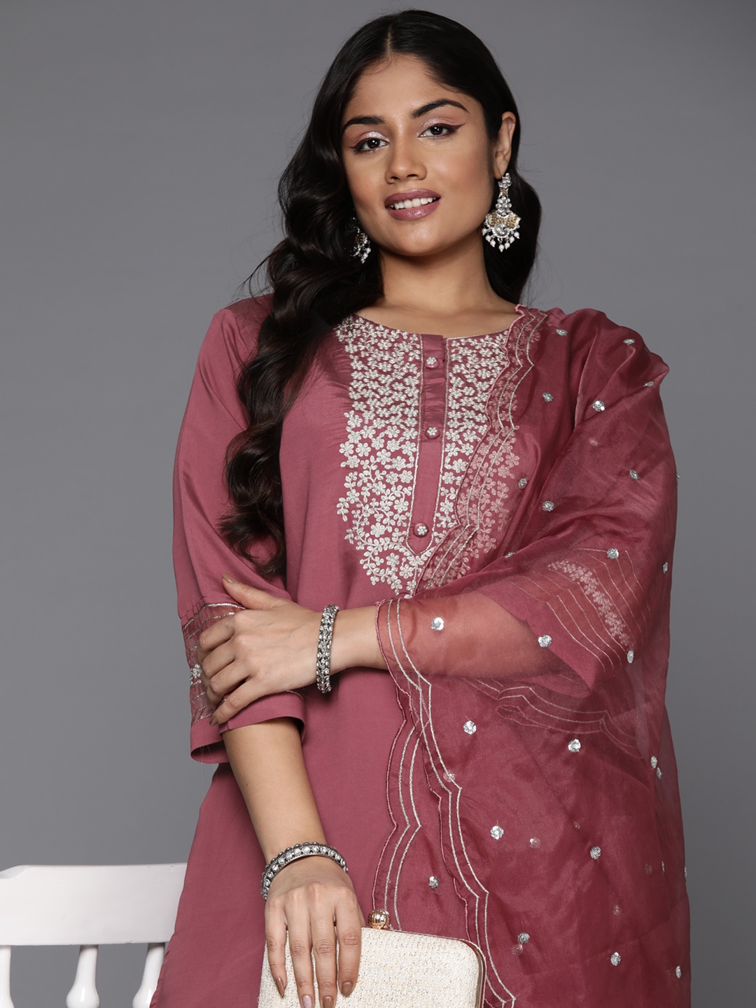 Indo Era Women Plus Size Floral Embroidered Regular Kurta with Trousers & With Dupatta, Mauve