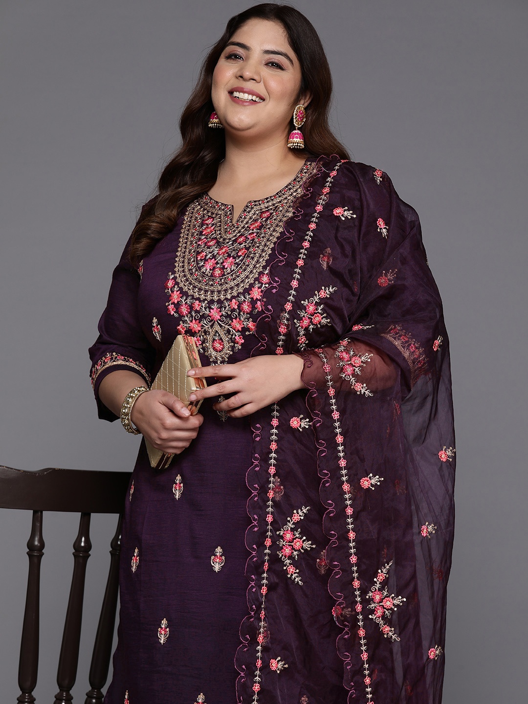 

Indo Era Women Plus Size Floral Embroidered Regular Kurta with Trousers & With Dupatta, Burgundy