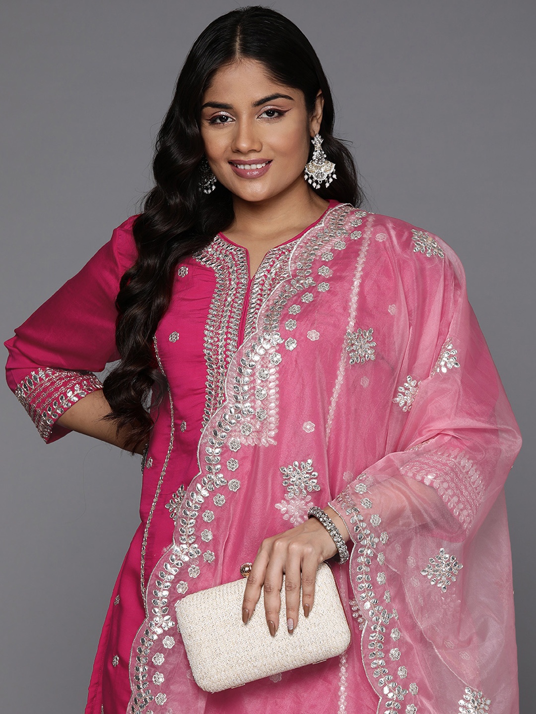 

Indo Era Plus Size Ethnic Motifs Embroidered Gotta Patti Kurta with Trousers & Dupatta, Magenta