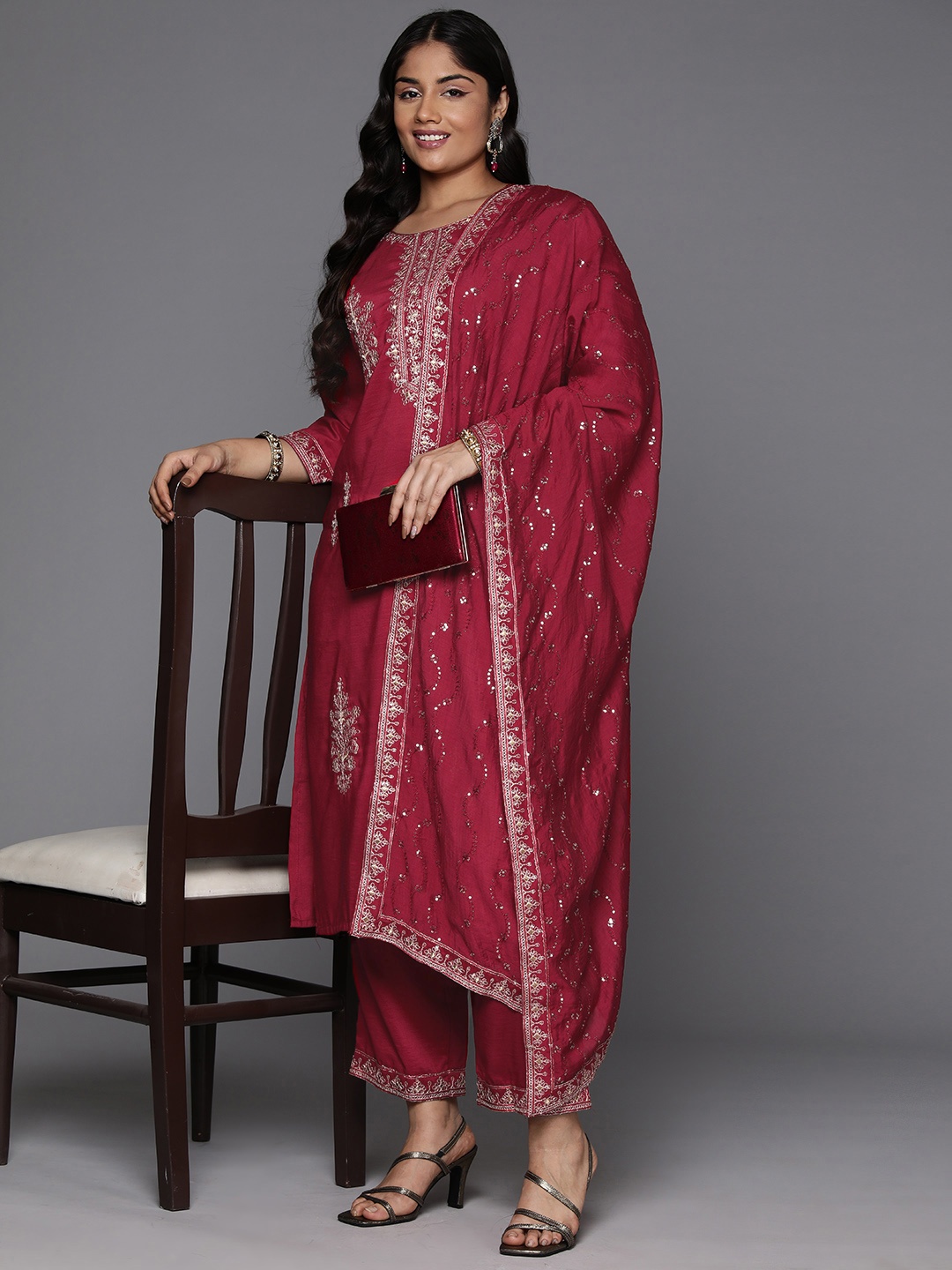 

Indo Era Women Plus Size Ethnic Motifs Embroidered Sequinned Kurta with Trousers & Dupatta, Maroon