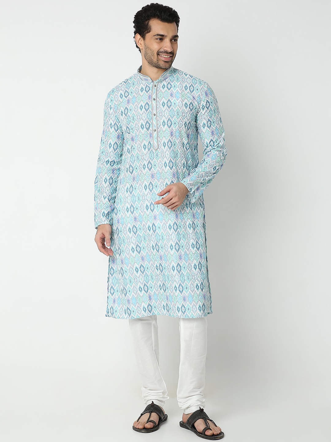 

Ethnicity Men Embroidered Regular Thread Work Kurta with Churidar, Blue