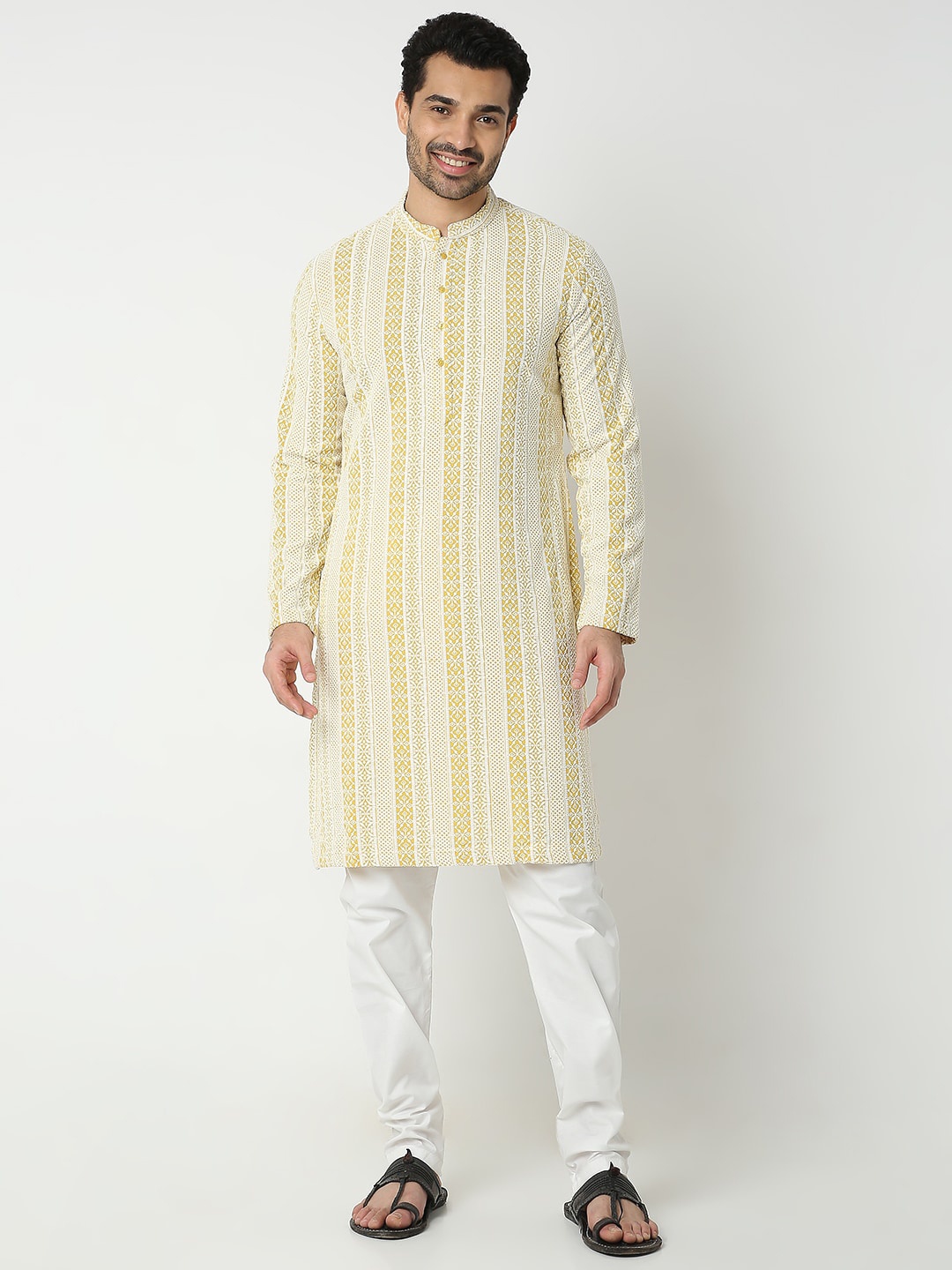 

Ethnicity Men Floral Embroidered Regular Thread Work Kurta with Pyjamas, Yellow