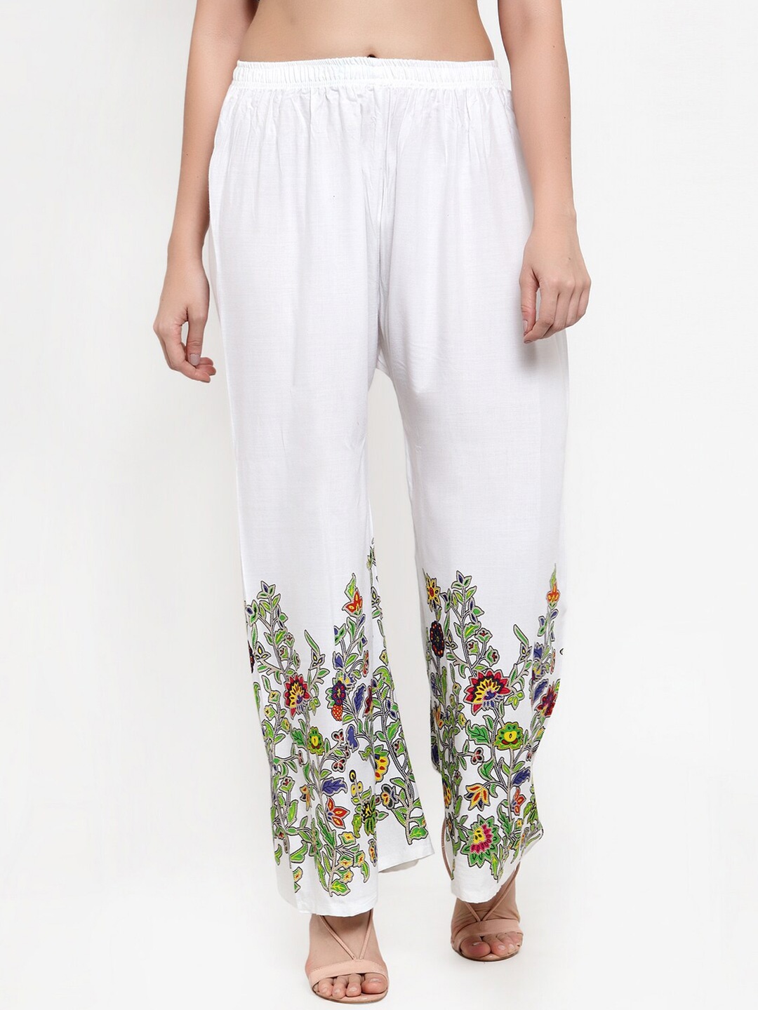 

Miaz Lifestyle Women Ethnic Motifs Hem Design Palazzos, White