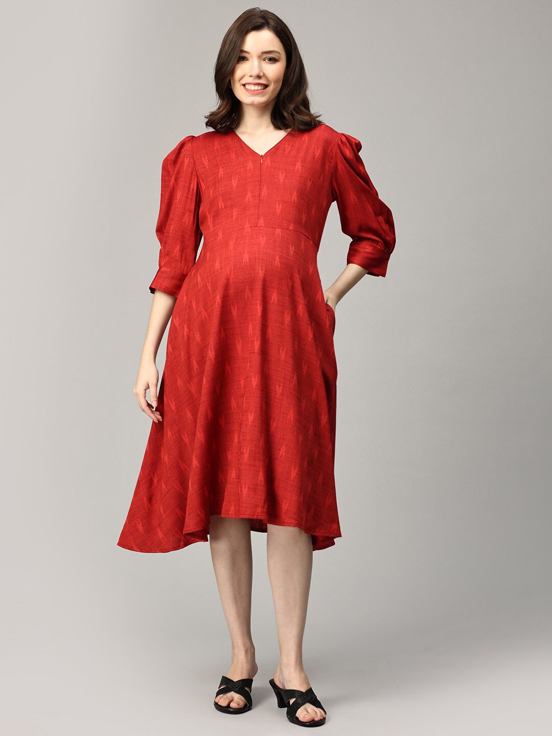 

The Mom Store Self Design V-Neck Puff Sleeve Silk A-Line Maternity Dress, Red