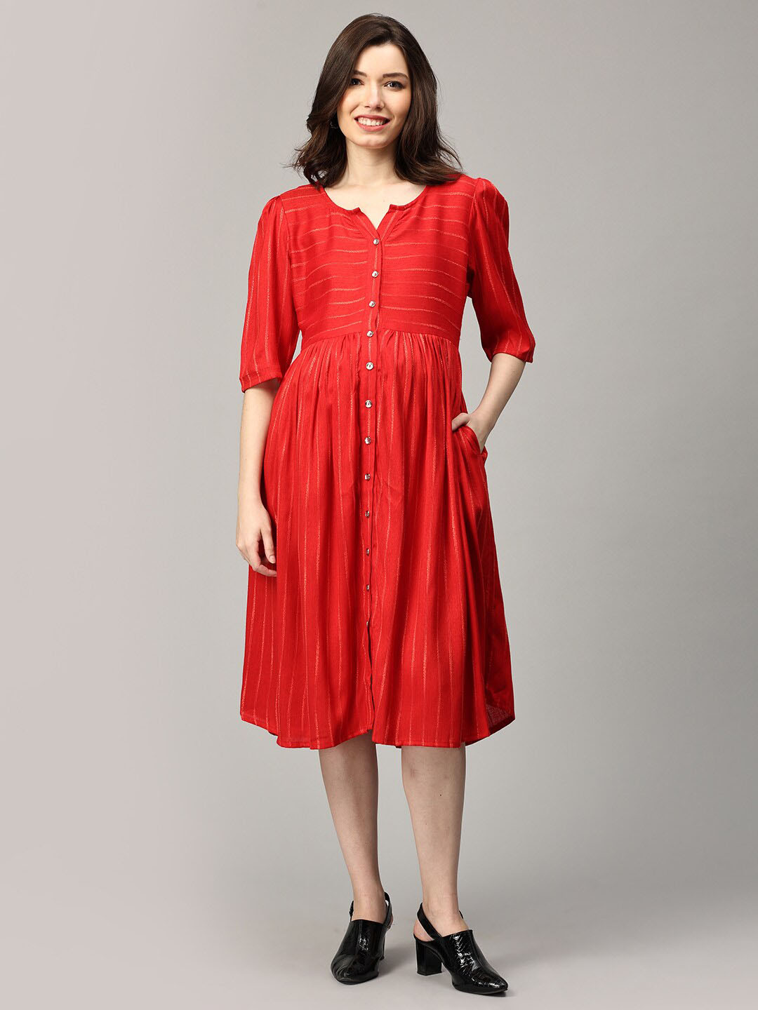 

The Mom Store Round Neck Maternity A-Line Midi Dress, Red