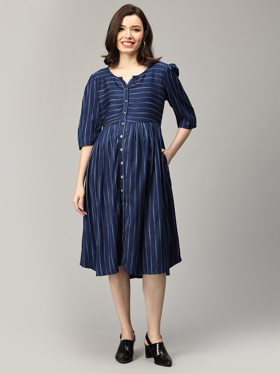 

The Mom Store Striped Maternity Puff Sleeve A-Line Dress, Navy blue