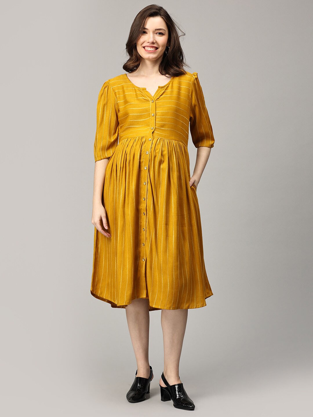 

The Mom Store Striped Maternity A-Line Midi Dress, Yellow
