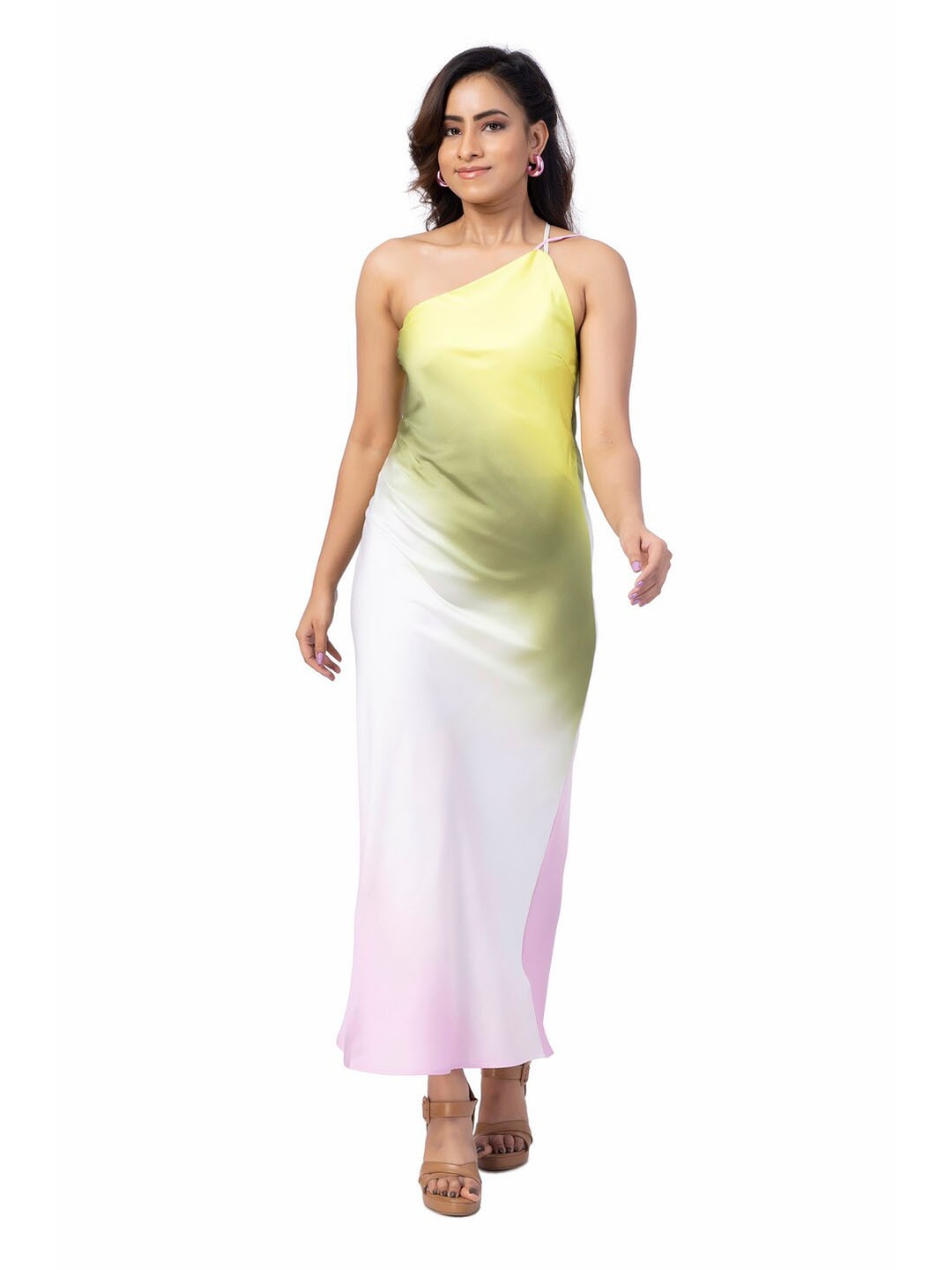 

FancyPants Abstract Printed One Shoulder Satin Sheath Maxi Dress, Yellow