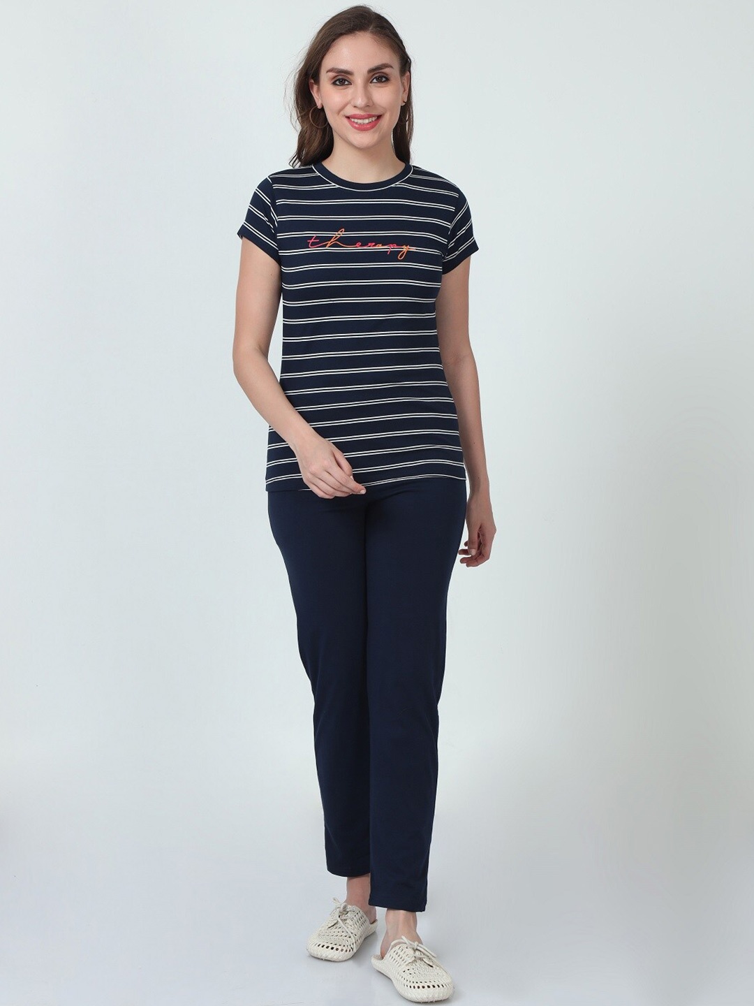 

ecott Striped Pure Cotton T-shirt & Pyjamas, Navy blue