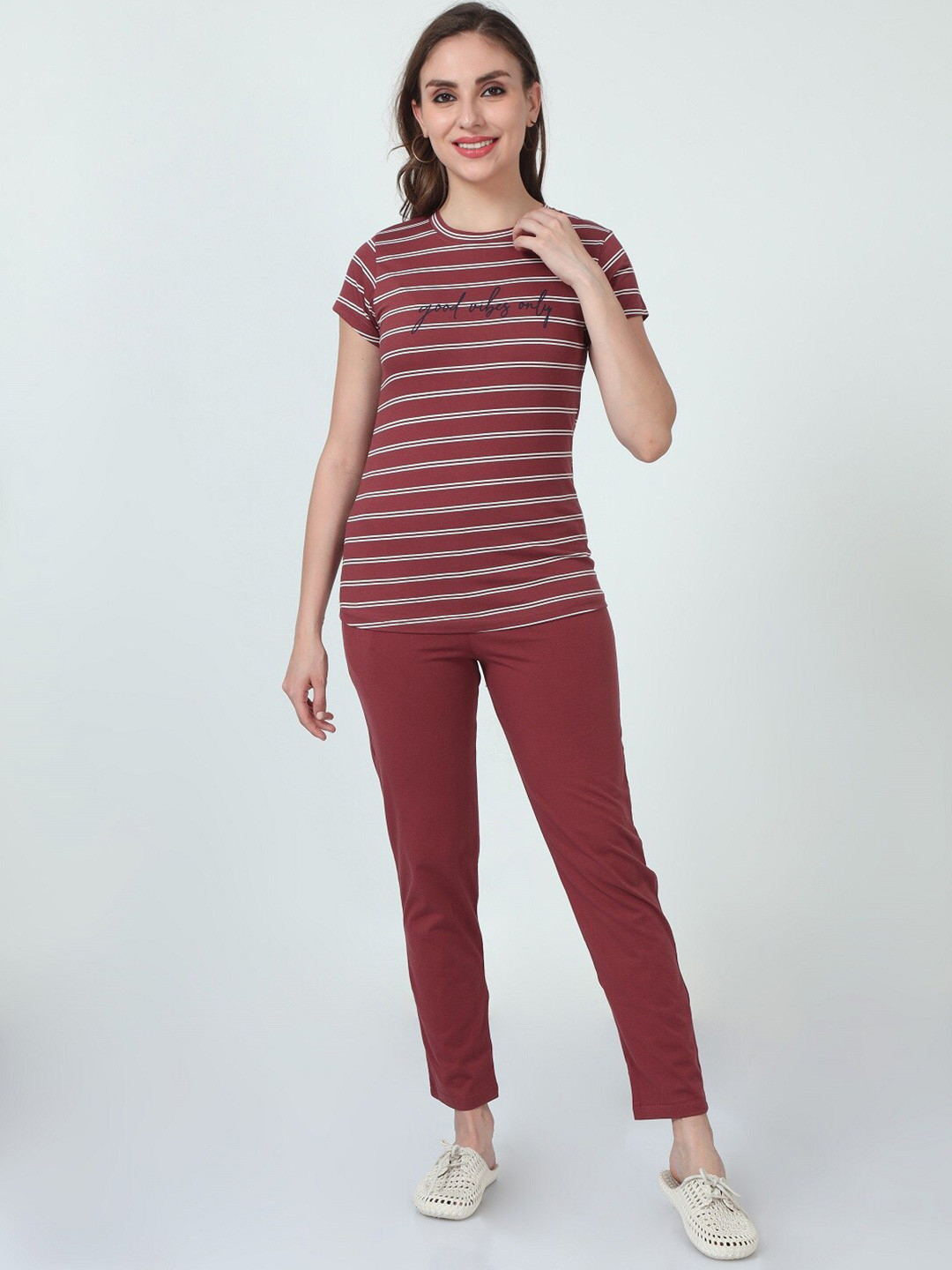

ecott Striped Pure Cotton Night suits, Maroon