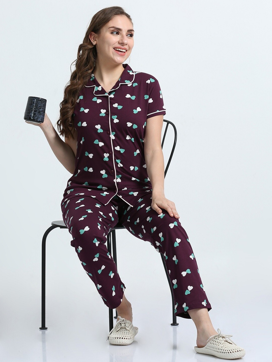 

ecott Conversational Printed Pure Cotton Night suits, Burgundy