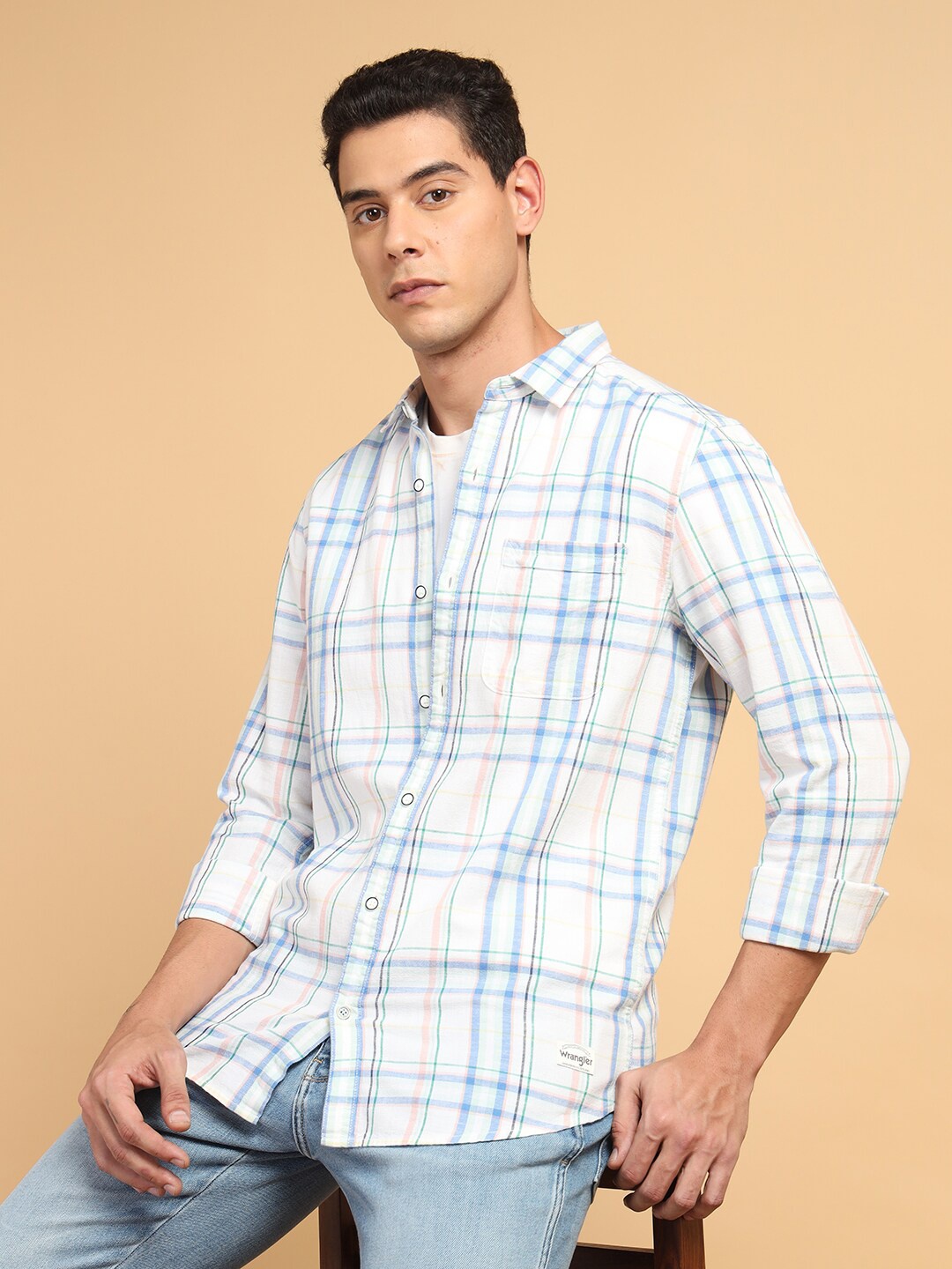 

Wrangler Windowpane Checked Cotton Linen Casual Shirt, White