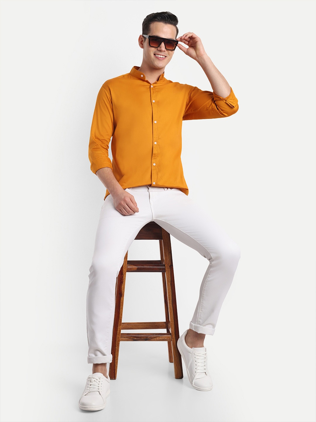 

S-LINE Standard Slim Fit Mandarin Collar Long Sleeves Cotton Casual Shirt, Mustard
