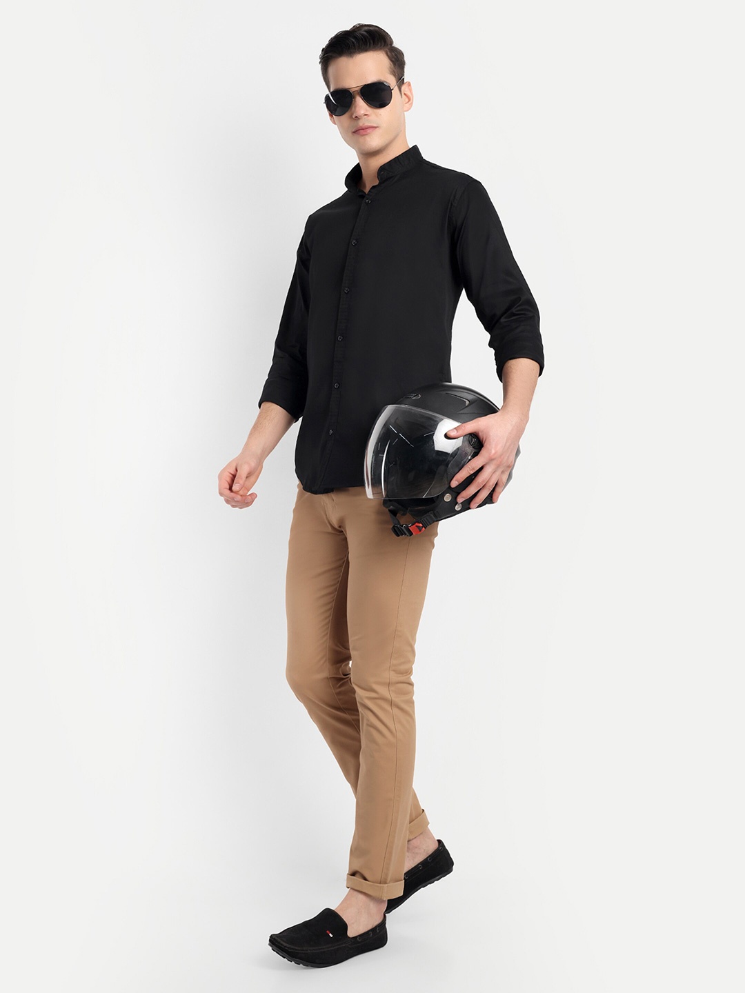 

S-LINE Standard Slim Fit Mandarin Collar Long Sleeves Cotton Casual Shirt, Black
