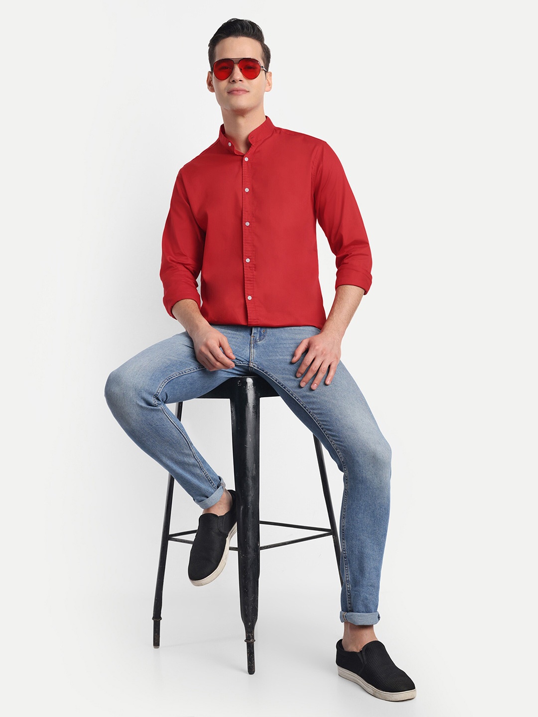 

S-LINE Standard Slim Fit Mandarin Collar Long Sleeves Cotton Casual Shirt, Red