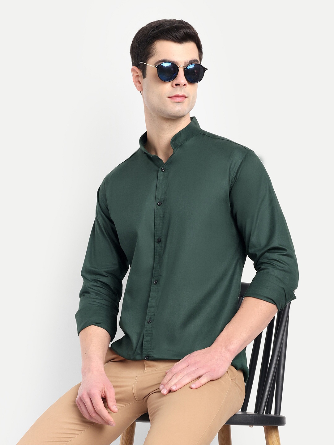 

S-LINE Standard Slim Fit Mandarin Collar Long Sleeves Cotton Casual Shirt, Green