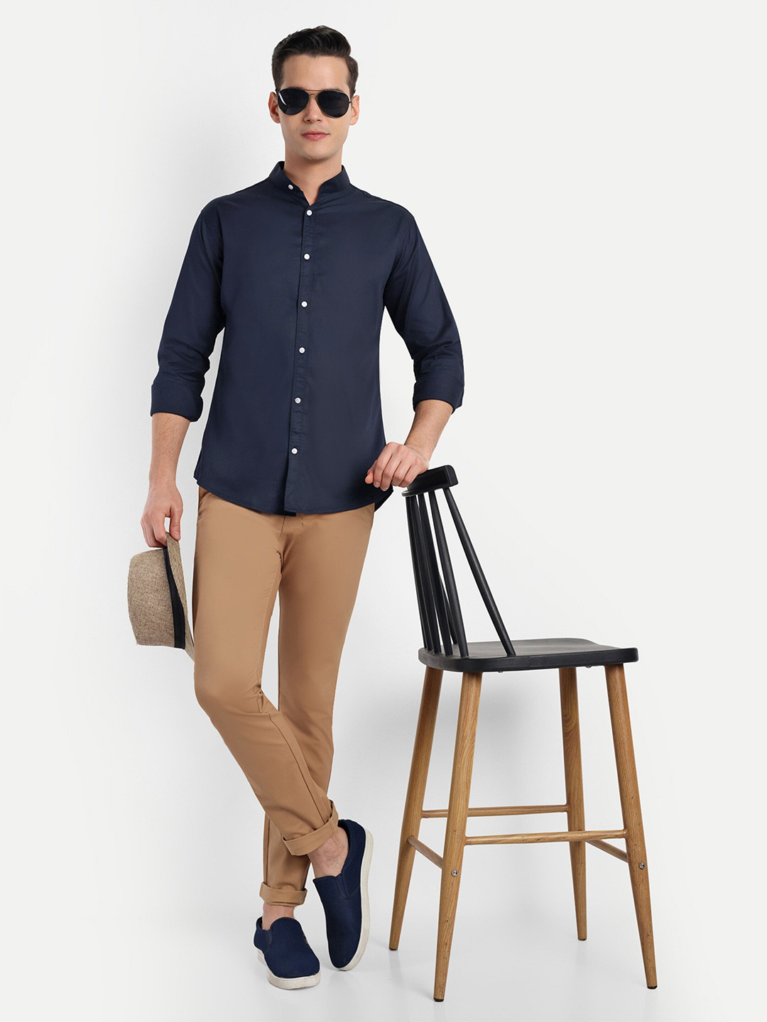 

S-LINE Standard Slim Fit Mandarin Collar Long Sleeves Cotton Casual Shirt, Navy blue