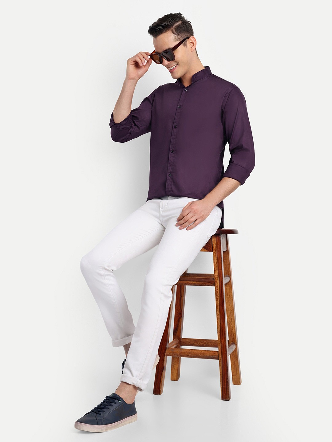 

S-LINE Standard Slim Fit Mandarin Collar Long Sleeves Cotton Casual Shirt, Purple