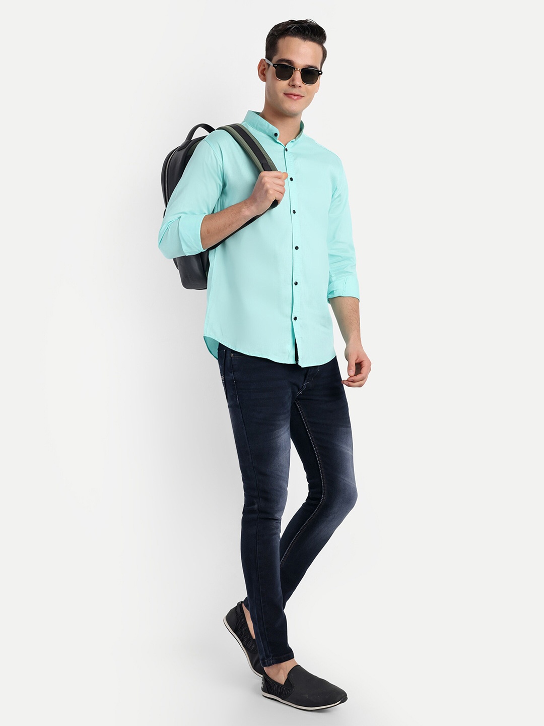 

S-LINE Standard Slim Fit Mandarin Collar Long Sleeves Cotton Casual Shirt, Sea green