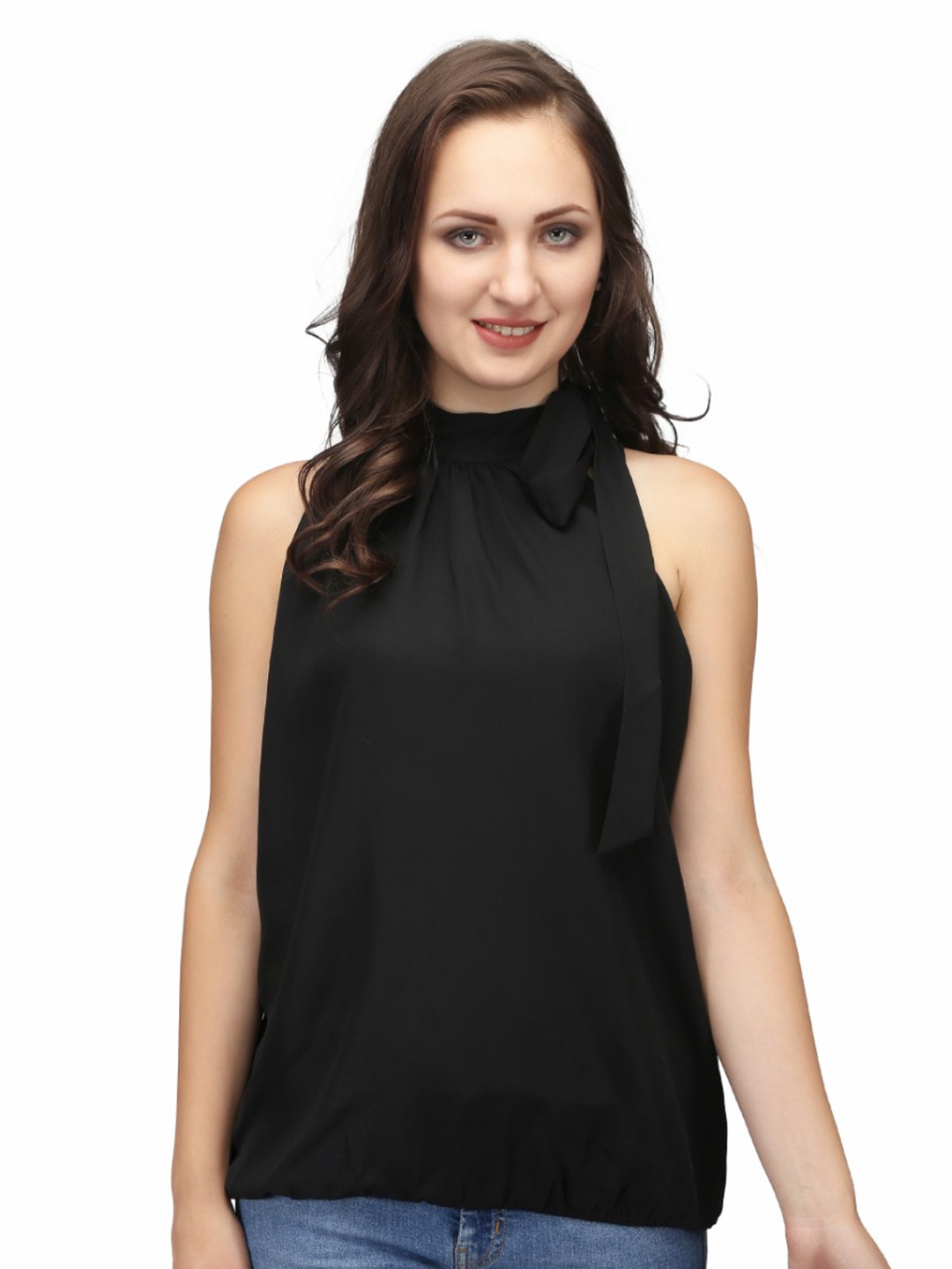 

Karmic Vision High Neck Tie Up Sleeveless Crepe Top, Black