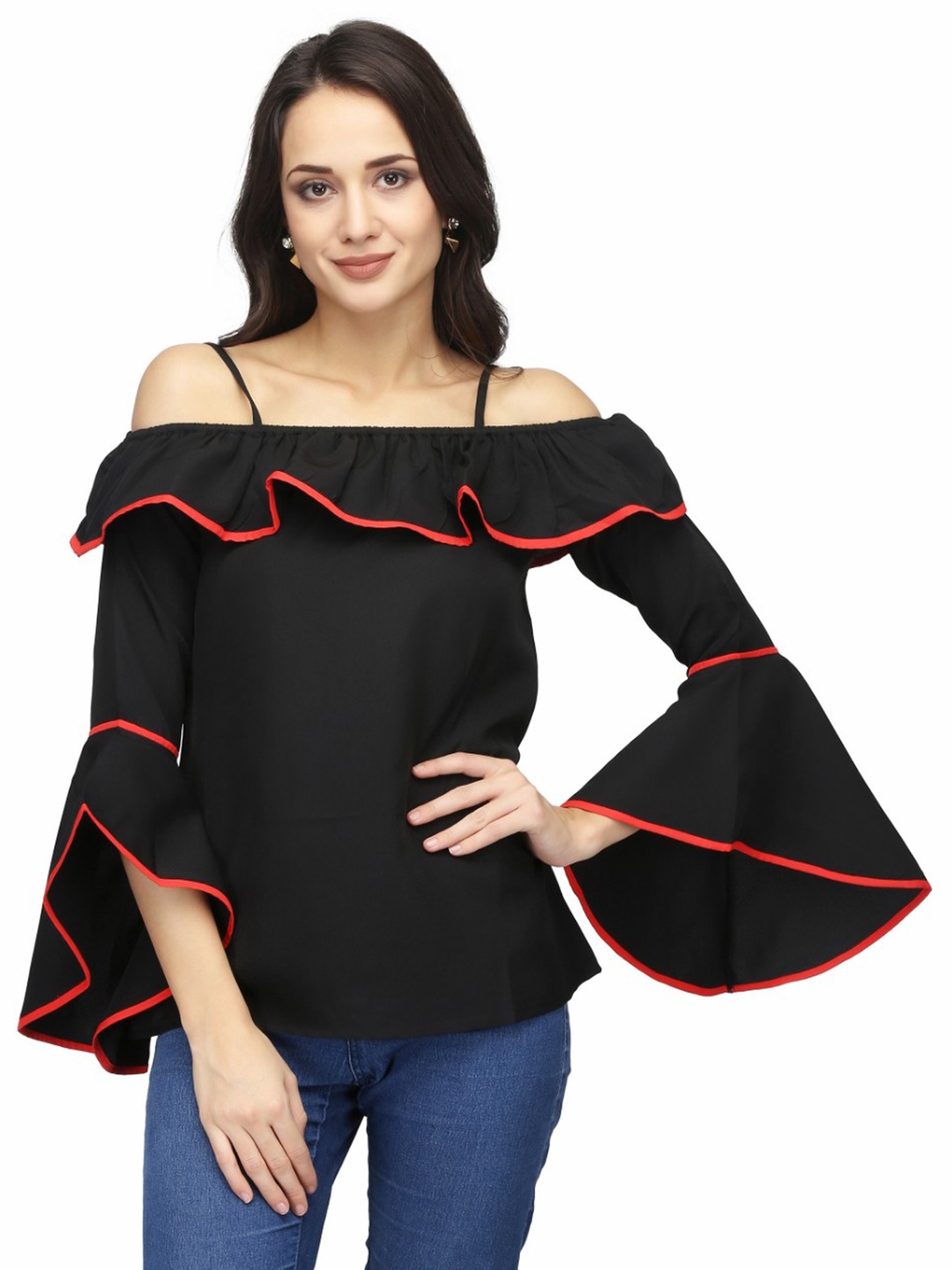 

Karmic Vision Off-Shoulder Bell Sleeve Crepe Bardot Top, Black