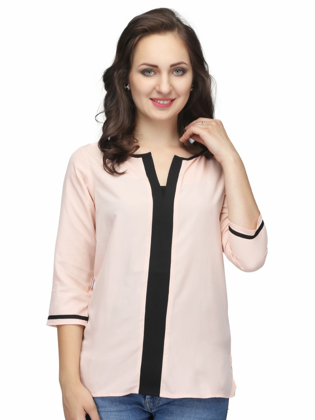 

Karmic Vision Notched Neck Three-Quarter Sleeves Crepe Top, Beige