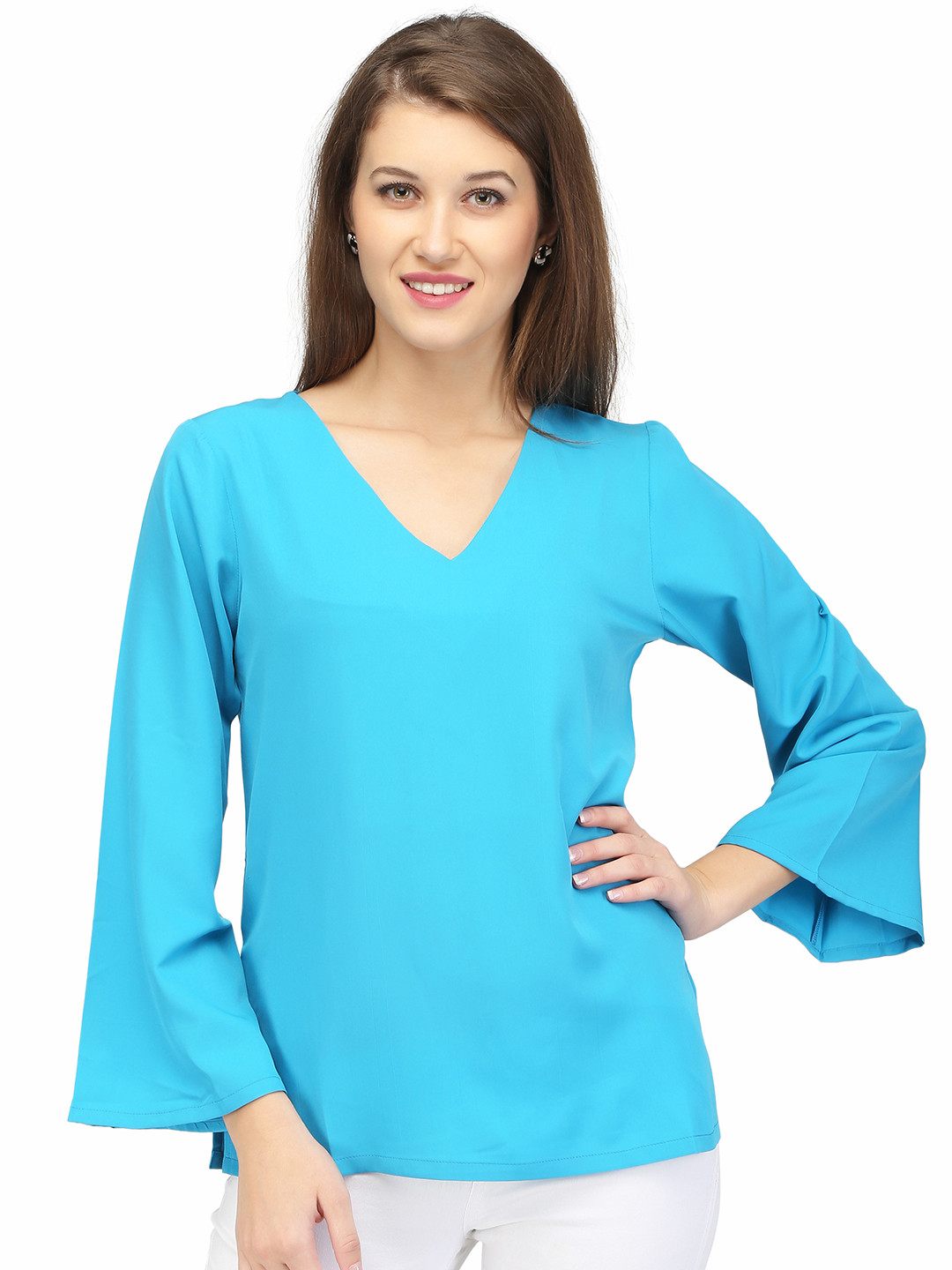 

Karmic Vision V-Neck Long Sleeves Crepe Top, Blue