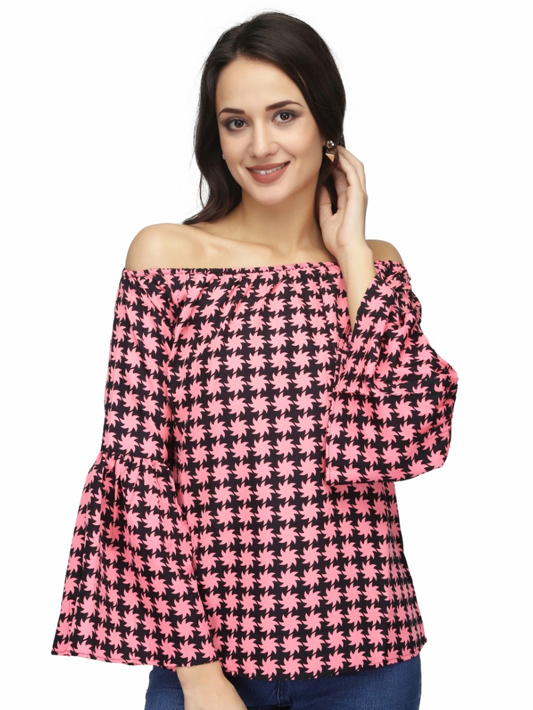 

Karmic Vision Checked Off-Shoulder Bell Sleeve Crepe Bardot Top, Multi