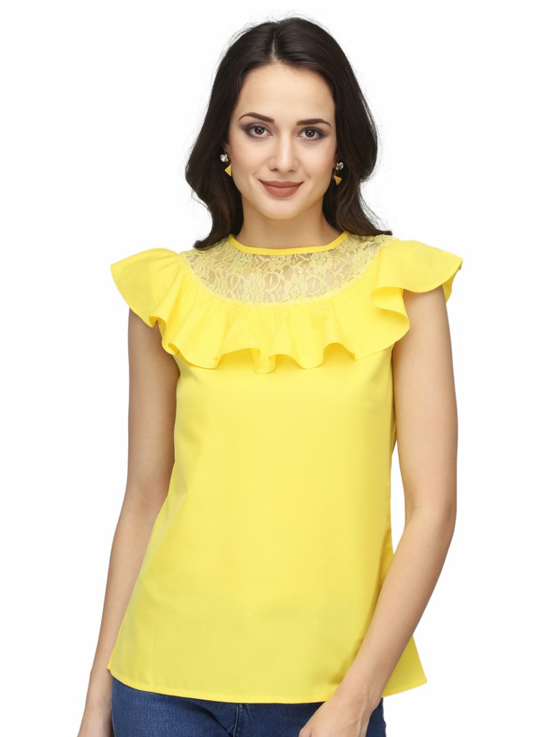 

Karmic Vision Round Neck Ruffles Top, Yellow
