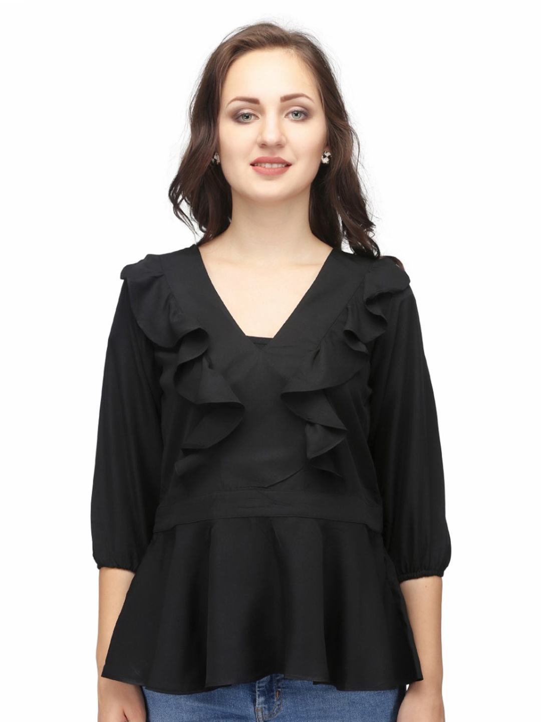 

Karmic Vision V-Neck Ruffles Peplum Top, Black