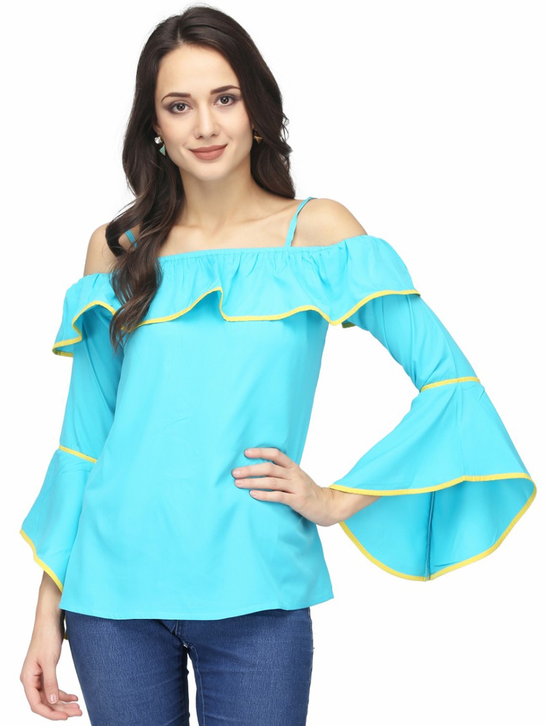 

Karmic Vision Off-Shoulder Bell Sleeve Crepe Bardot Top, Blue