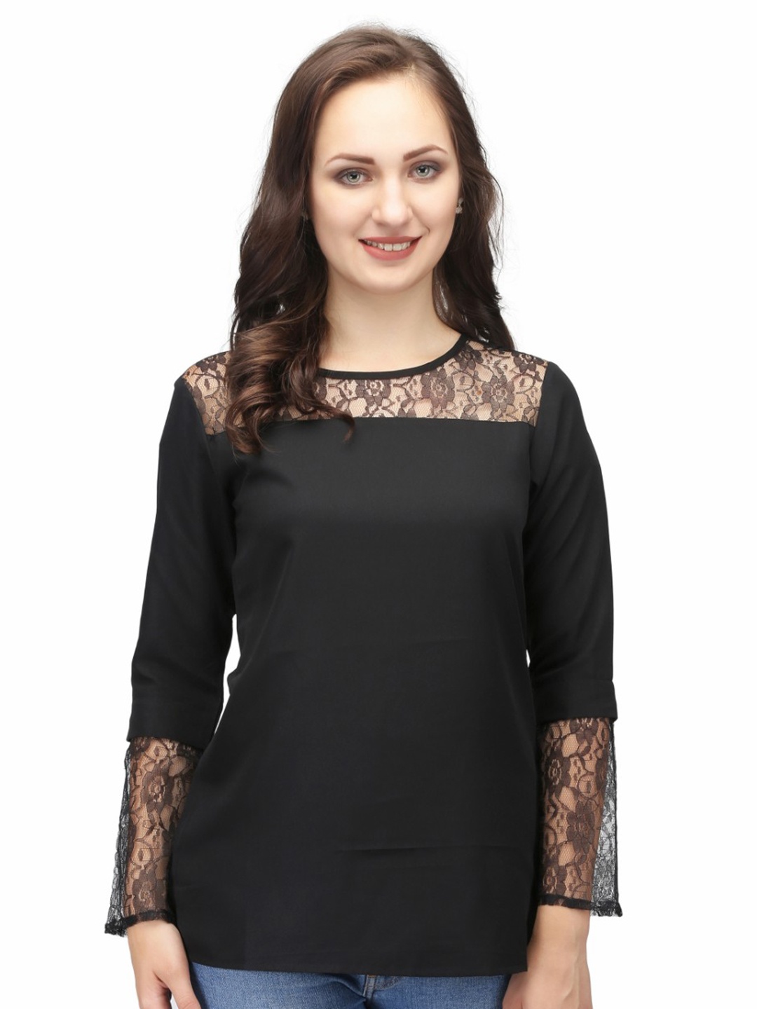 

Karmic Vision Self Design Round Neck Long Sleeves Crepe Top, Black