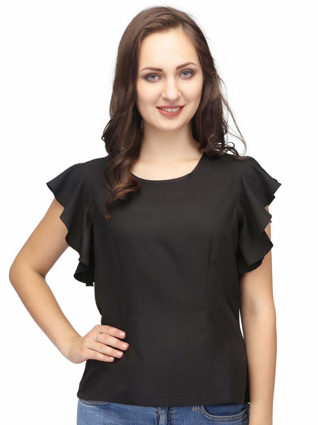 

Karmic Vision Flutter Sleeve Crepe Top, Black