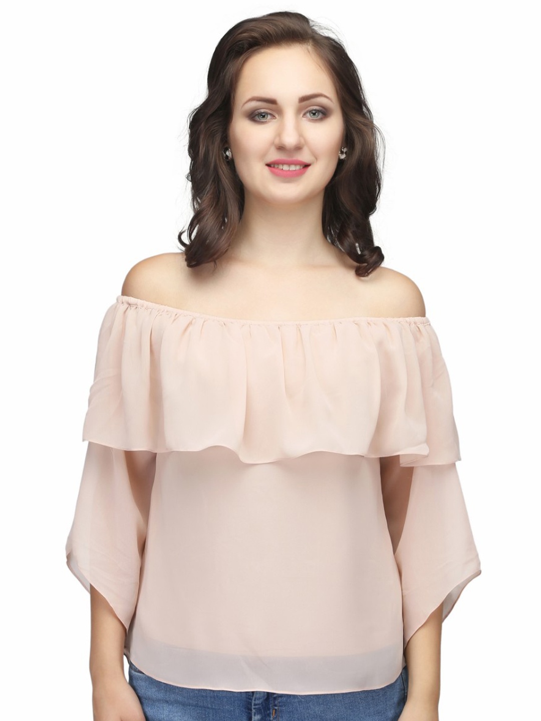 

Karmic Vision Off-Shoulder Long Sleeves Crepe Top, Beige