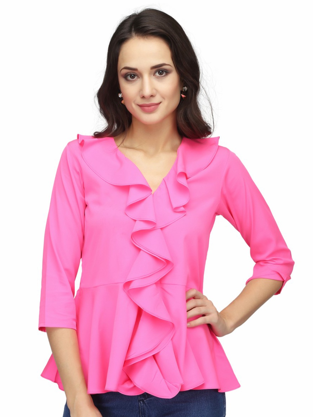 

Karmic Vision V-Neck Ruffles Bell Sleeve Crepe Top, Pink