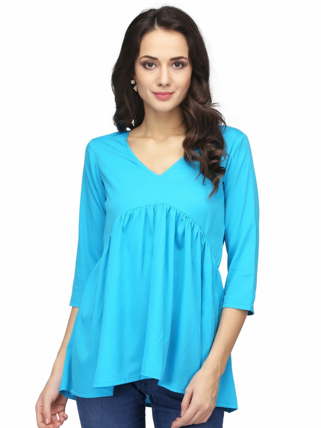 

Karmic Vision V-Neck Three-Quarter Sleeves Gathered or Pleated A-Line Crepe Top, Blue