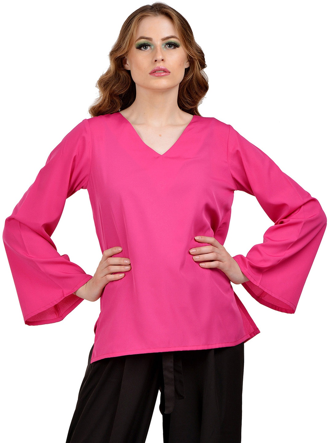 

Karmic Vision V-Neck Long Sleeves Crepe Top, Pink