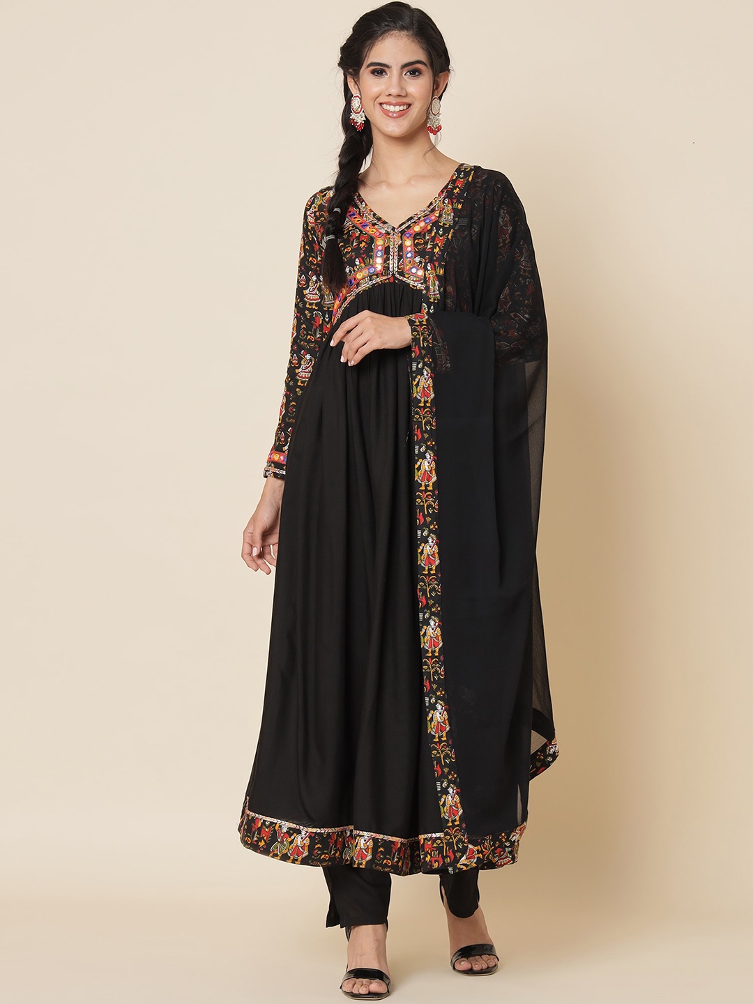 

Meeranshi Women Ethnic Motifs Yoke Design Empire Mirror Work Kurta with Trousers & With Dupatta, Black