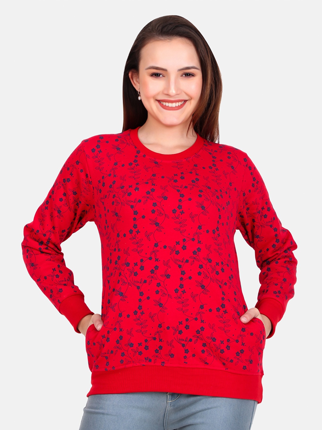 

WELL QUALITY Women Printed Sweatshirt, Red