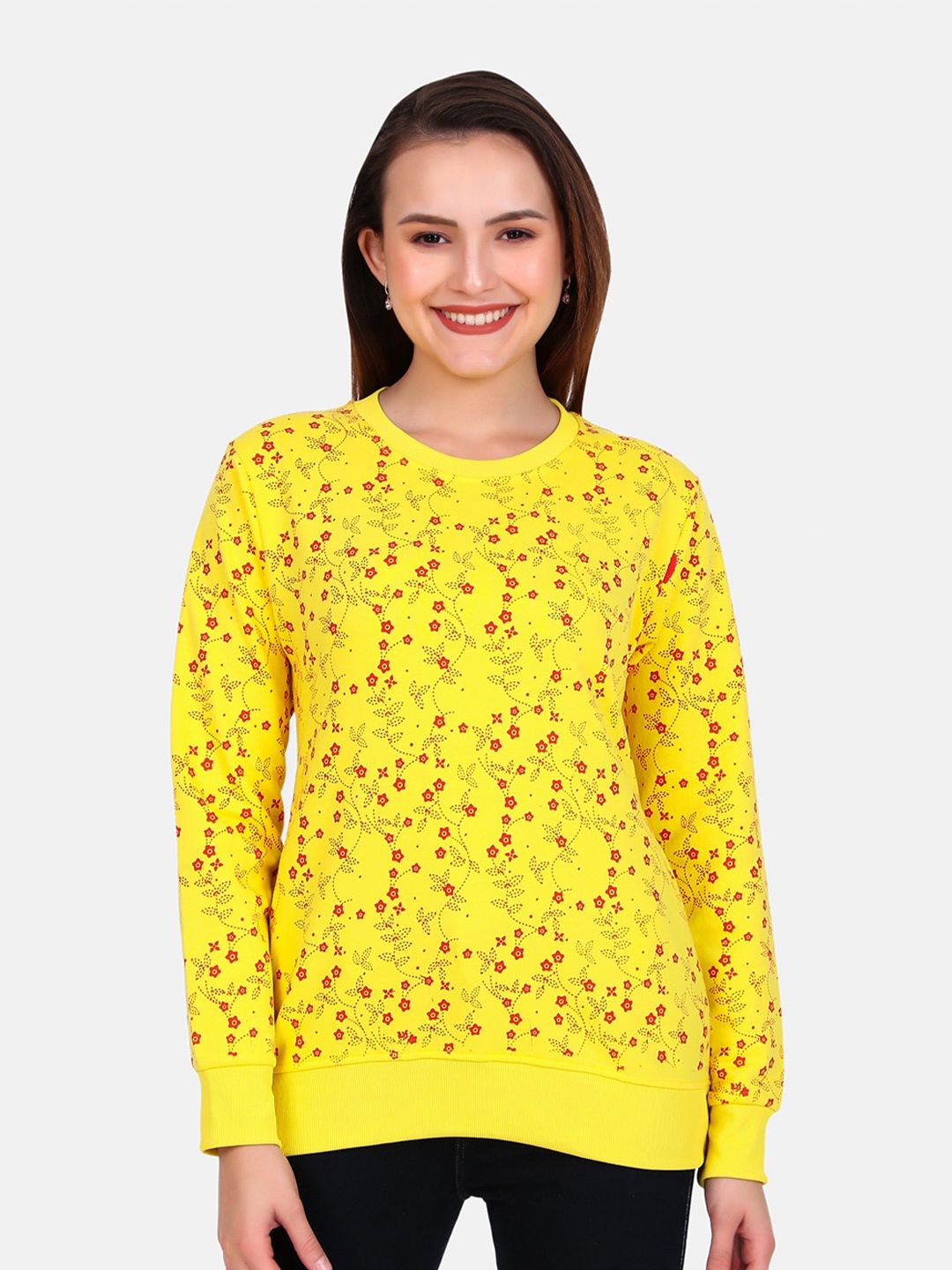 

WELL QUALITY Women Printed Sweatshirt, Yellow